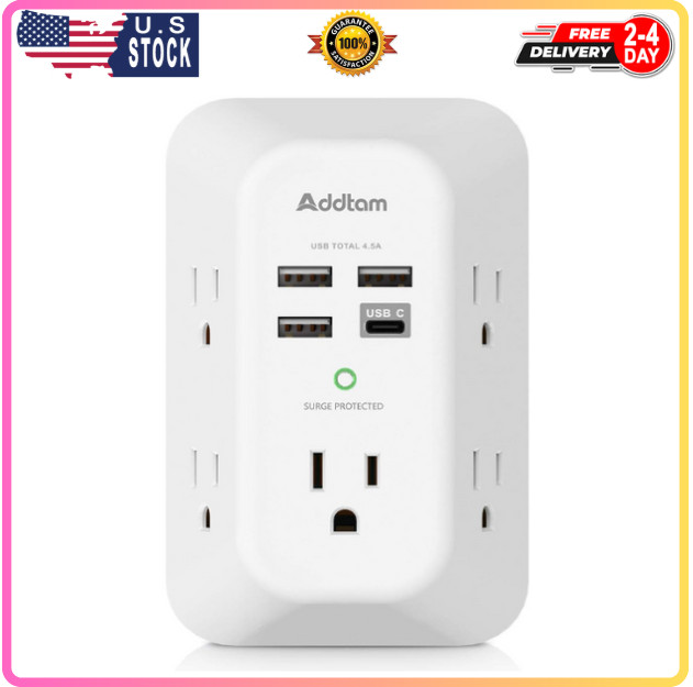 Addtam USB Wall Charger Surge Protector – 5 Outlets, 4 USB Ports, 1800J