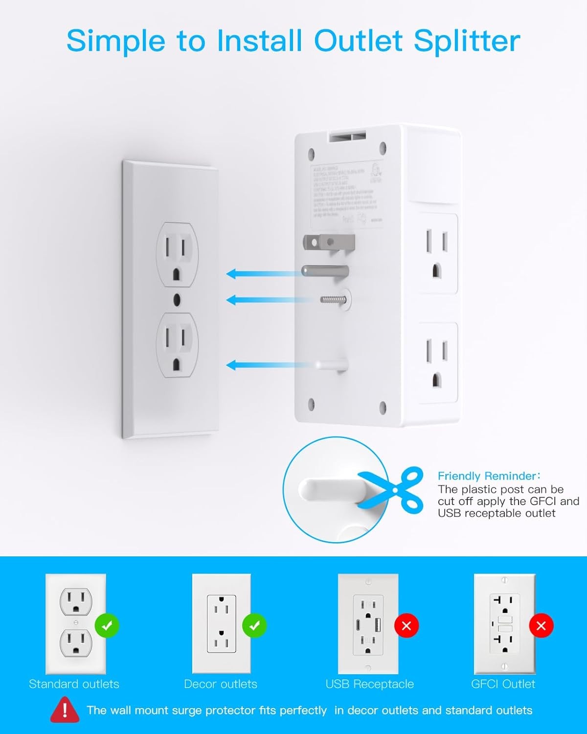 One Beat 1680J 3 Side Power Strip Multi Plug 15.5W,1Pack,None, White
