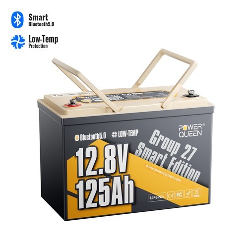 Power Queen 12V 125Ah Group27 Bluetooth Lithium Battery 1600Wh for Boat Solar RV