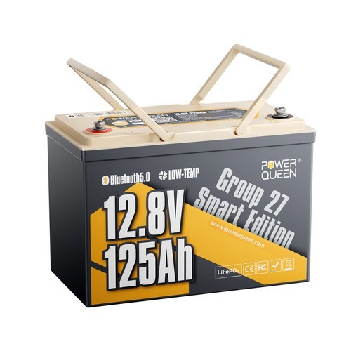 Power Queen 12V 125Ah Group27 Bluetooth Lithium Battery 1600Wh for Boat Solar RV