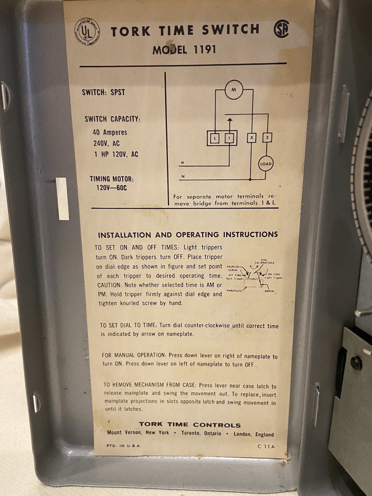 TORK Dial Time Switch – MODEL 1191; 120VAC, 40 Amps, 60HZ; SPST, New Old Stock