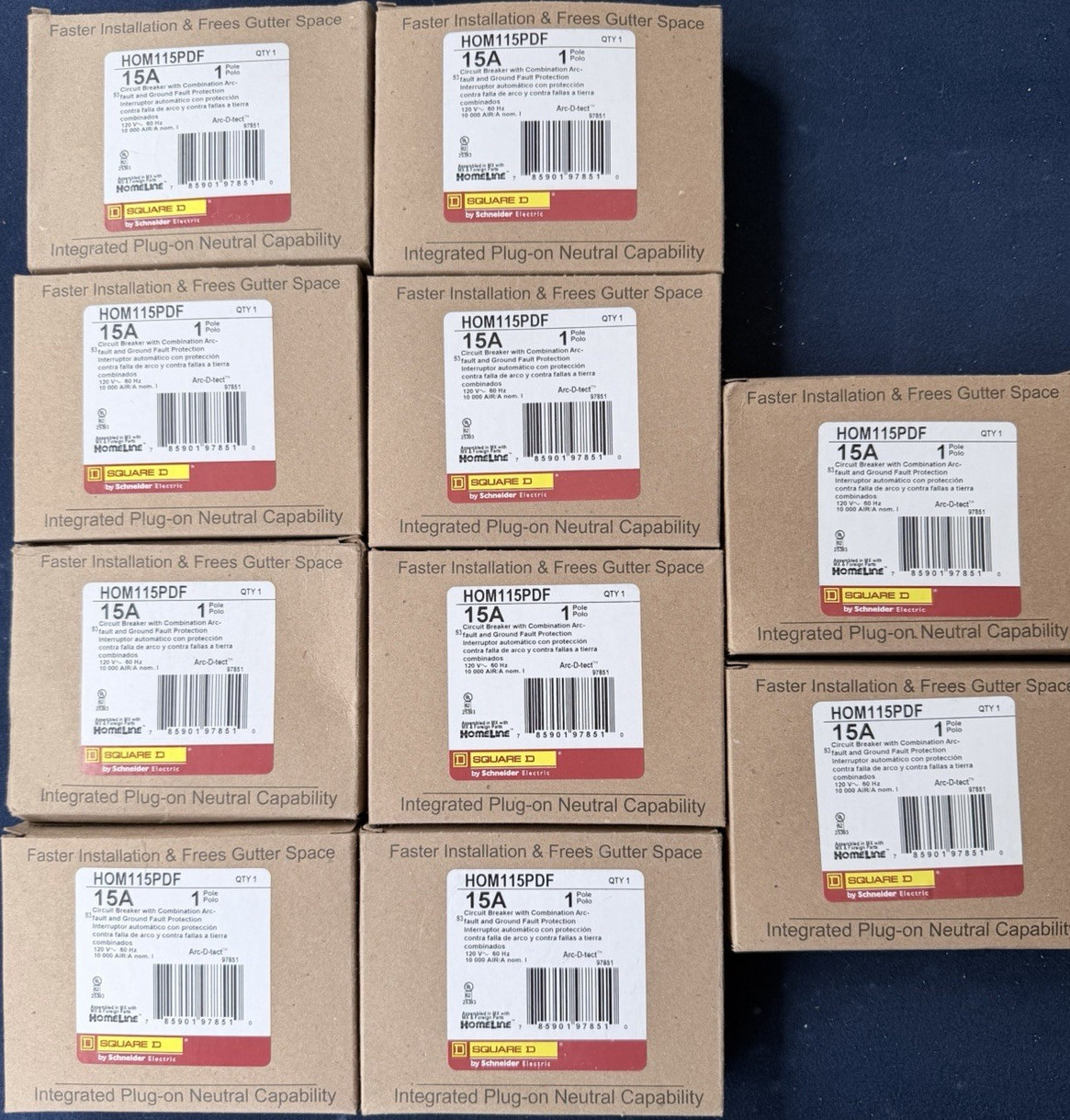 Lot 10 Square D HOM115PDF 15A 1-Pole 120V AFCI Plug-On Neutral Circuit Breaker