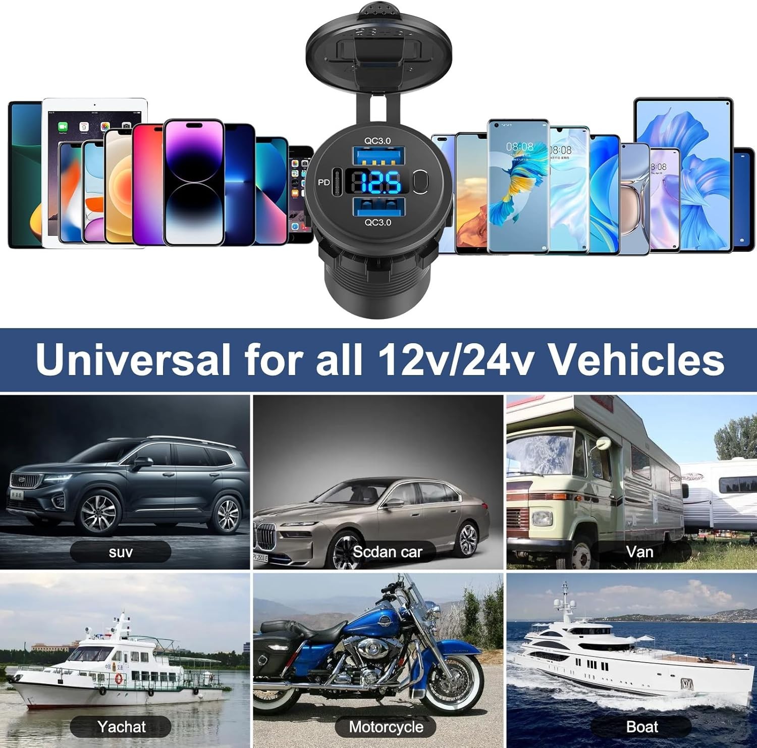 12V USB Outlet Dual QC 3.0 PD3.0 Car Charger Waterproof Volt Meter Switch