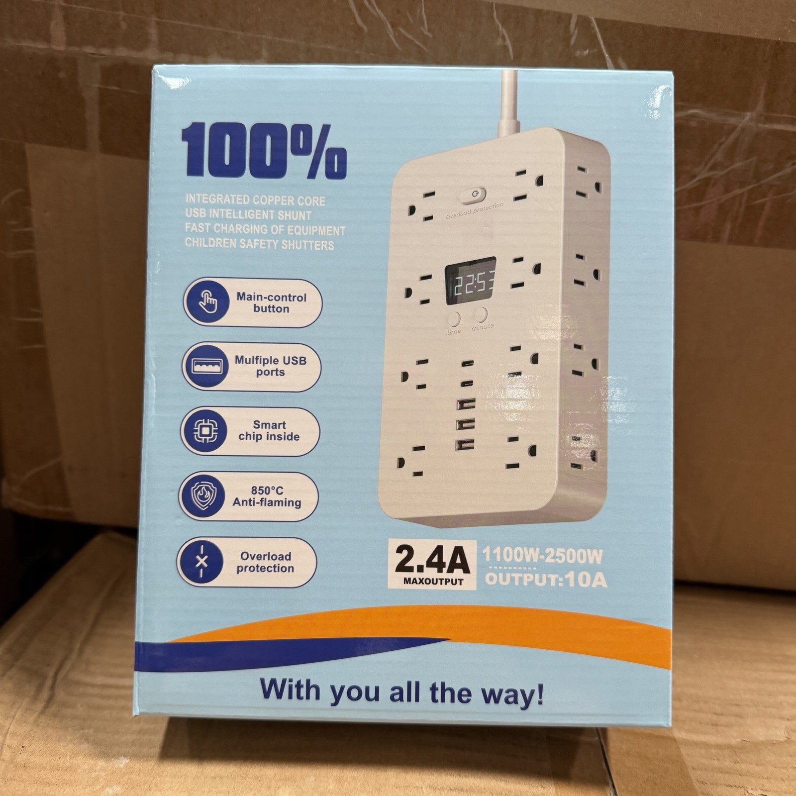10FT Power Strip Tower 16 Outlets 3 USB 2500W Overload Protection White