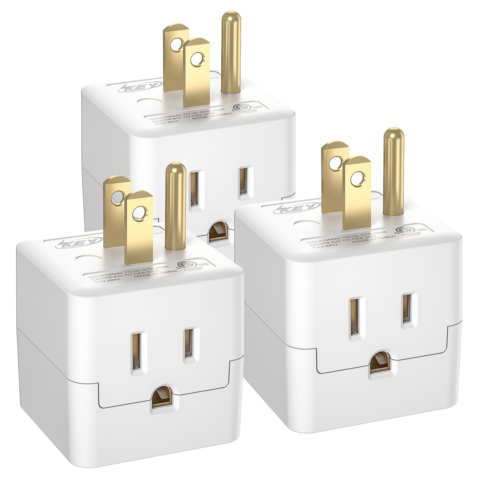 3-Pack Grounded Wall Outlet Adapter,2Prong/3 Prong Compatible Adapter,ETL Listed