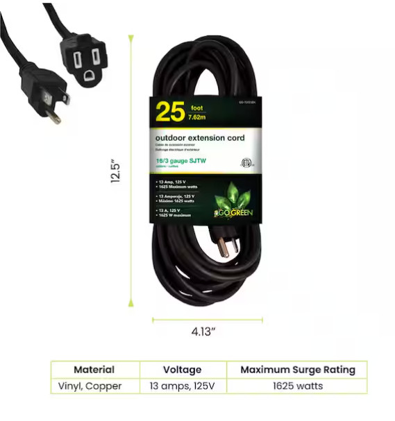 GoGreen Power 25 ft. 16/3 Heavy Duty Extension Cord – Black