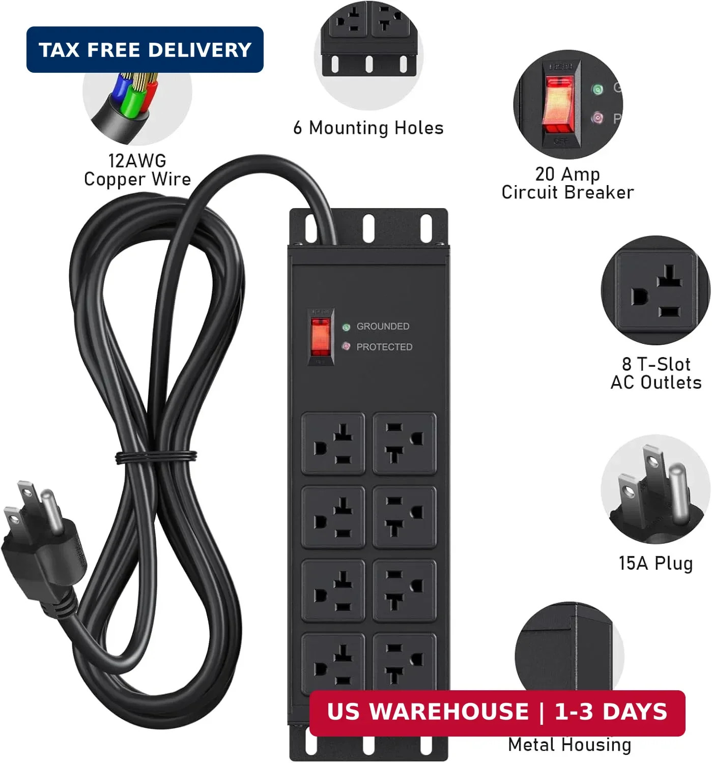 JUNNUJ Heavy Duty Surge Protector Power Strip 4800J, Garage Metal 8 Outlets 20 A