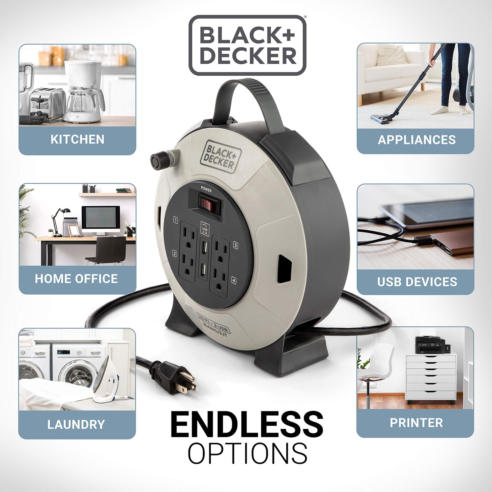 25ft Retractable Cord Reel 4 Outlet 2 USB Port BLACK DECKER 16AWG Circuit Breake