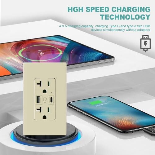 4.8A USB C Outlet PD 24W 20 Amp, 125 Volt Tamper-Resistant Outlet,10 Pack
