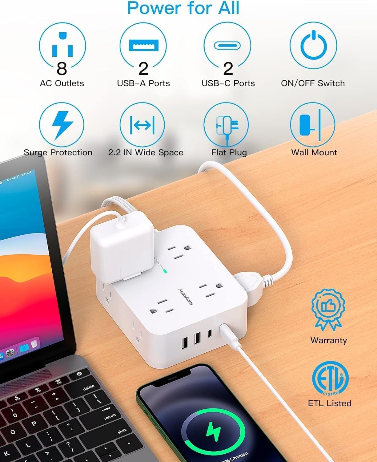 Ultra Thin 5ft Power Strip with 8 Outlets & 4 USB Ports – Safe for All Devices