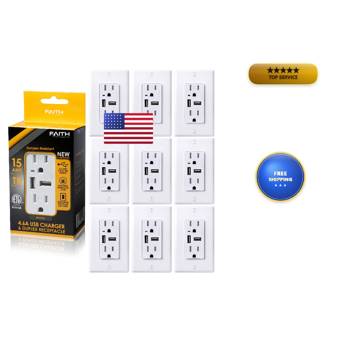 Faith 10-Pack 4.6A Usb Outlet High Speed Charger 15A Tamper-Resistant