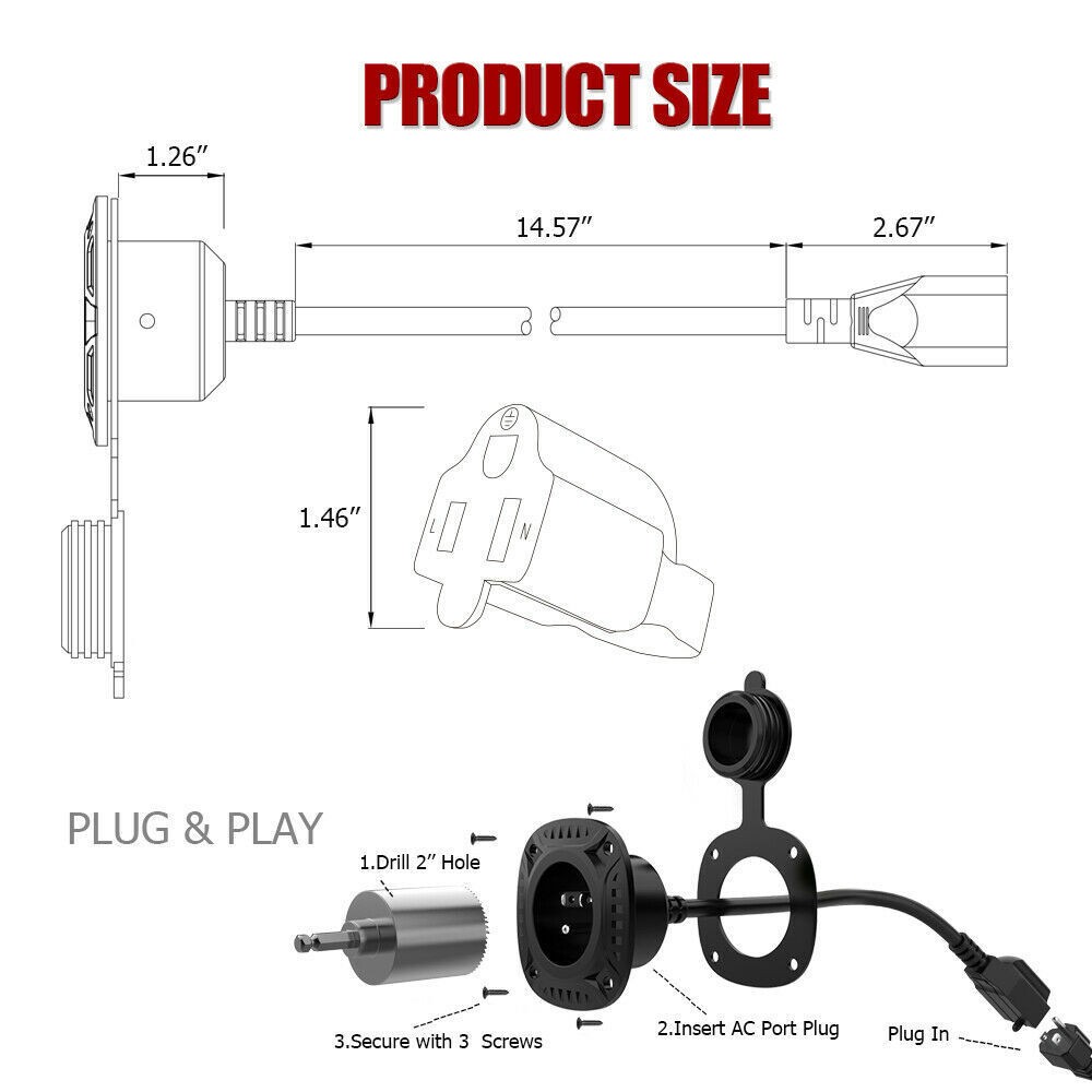 125v 13A Ac Port Plug with 16″ Integrated Trailer Extension Cord Waterproof Cap