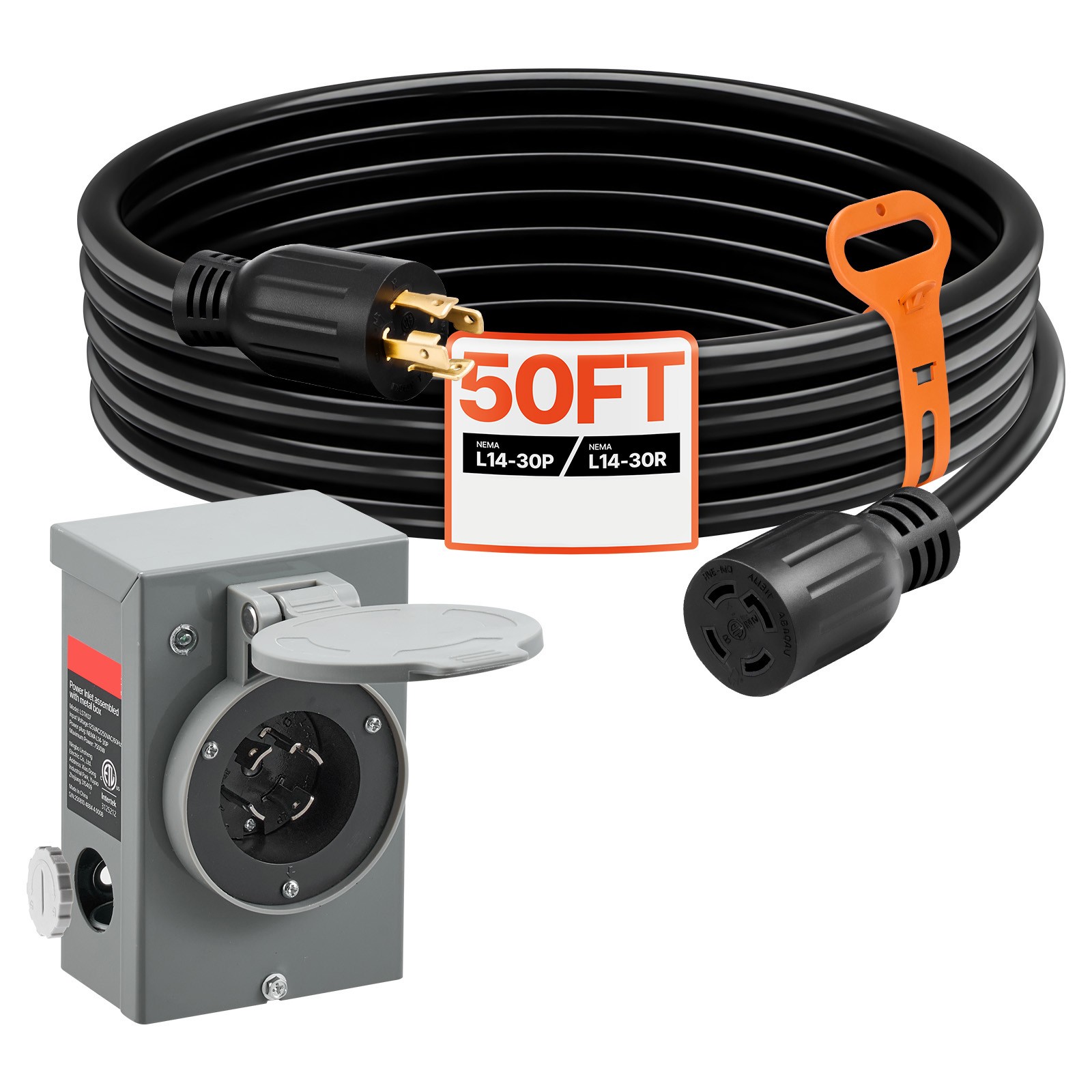 Uimoso 30 Amp Generator Cord & Power Inlet Box 50FT NEMA L14-30P L14-30R SJTW