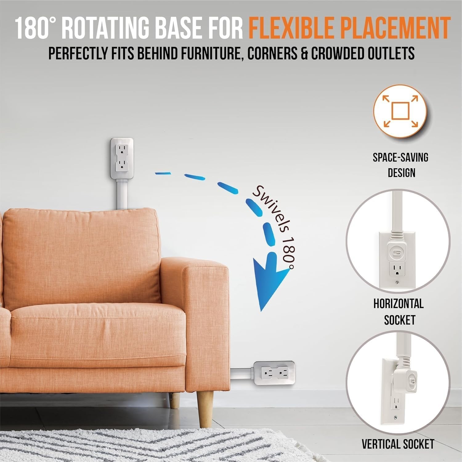 Electrical Outlet Extender with USB-A, USB-C, 2AC Outlets, 22-34 Inch Adjusta…