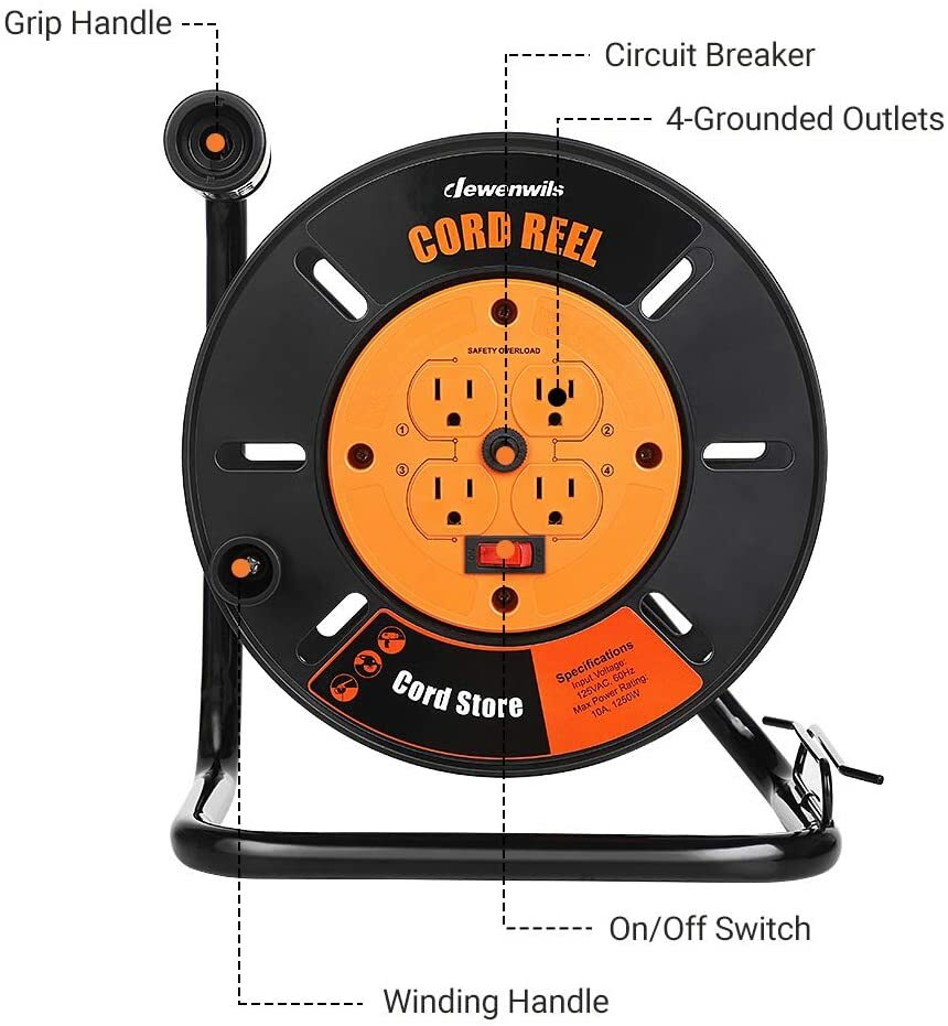 DEWENWILS Extension Cord Storage Reel with 4-Grounded Outlets, Heavy Duty Open