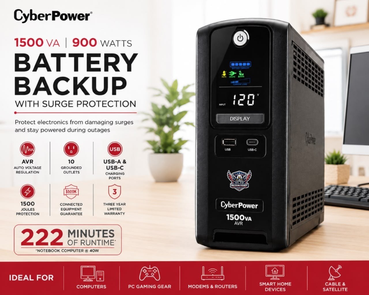 CyberPower CST150UC2 1500VA 900W UPS Battery Backup Surge Protector AVR LCD USB-