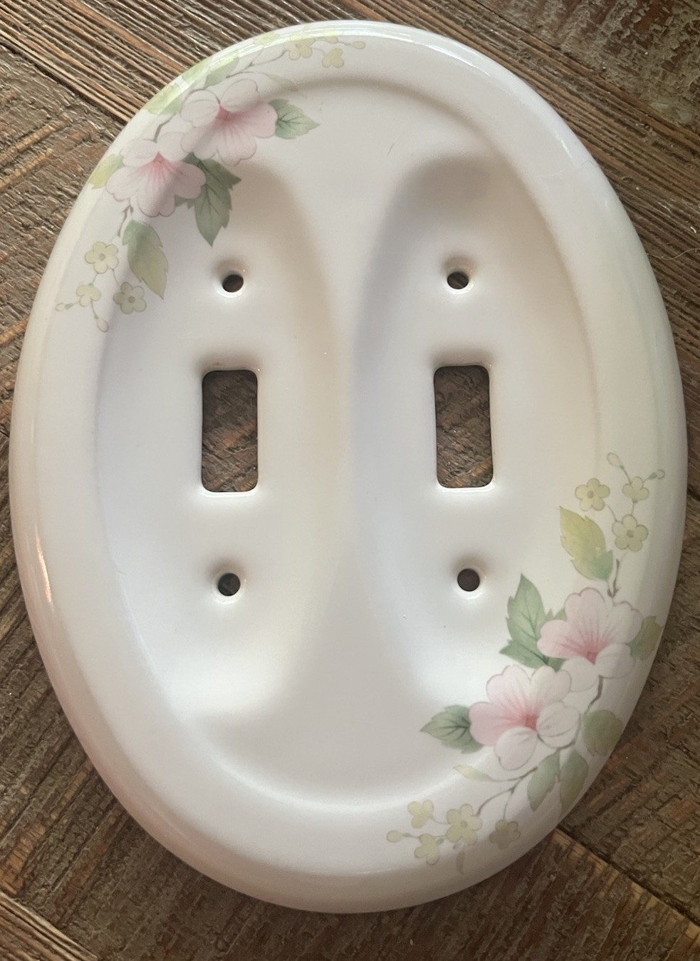 Oval 2-Gang Double Toggle Wall Plate Floral White/Pink/Green Gloss Ceramic