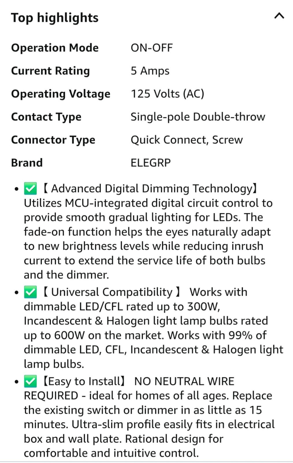 6 ELEGRP Digital Dimmer Light Switch for 300W Dimmable LED/CFL Lights / 600W Inc