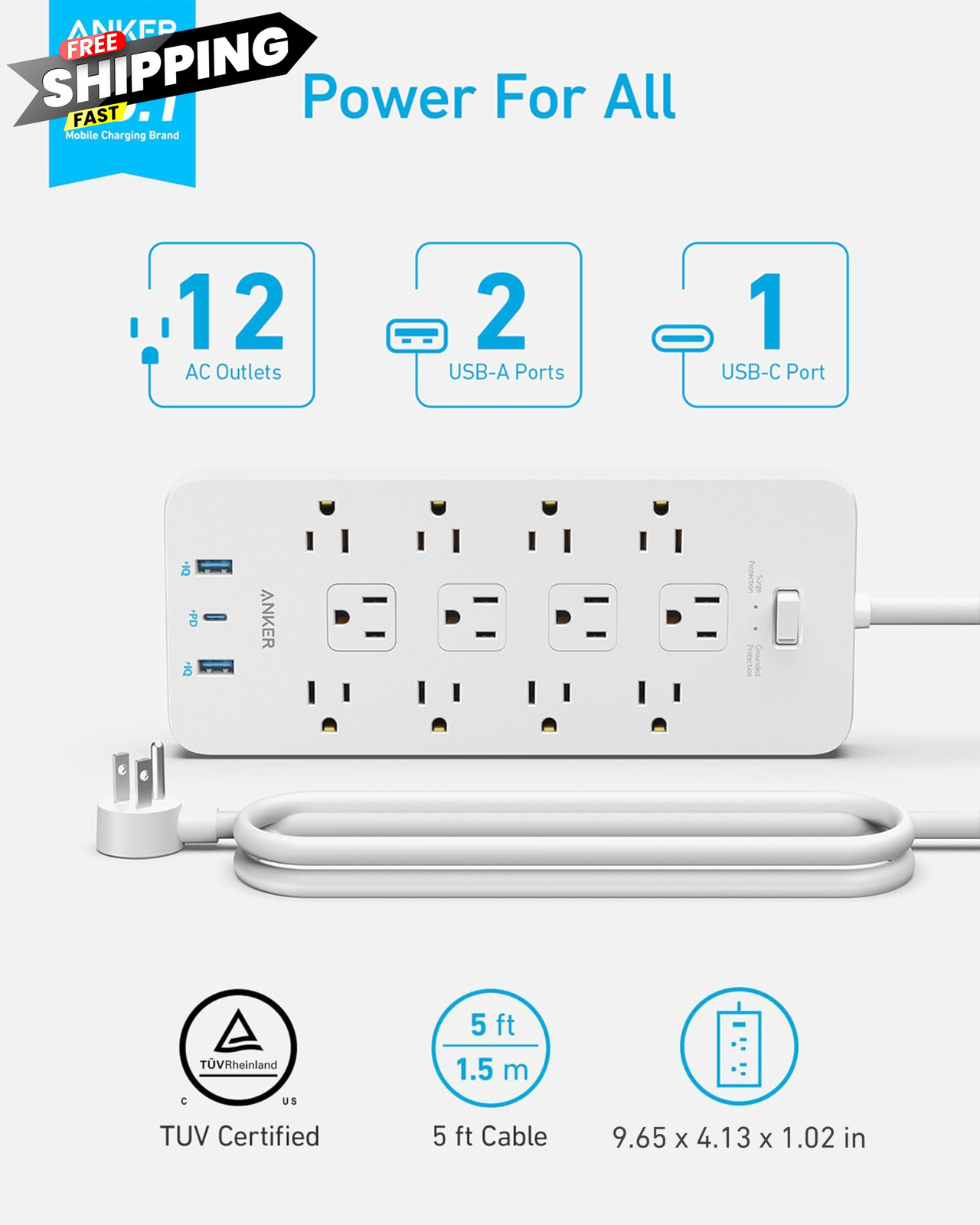 Anker Power Strip with 2100J Surge Protector, Outlet Extender, 5 FT, White