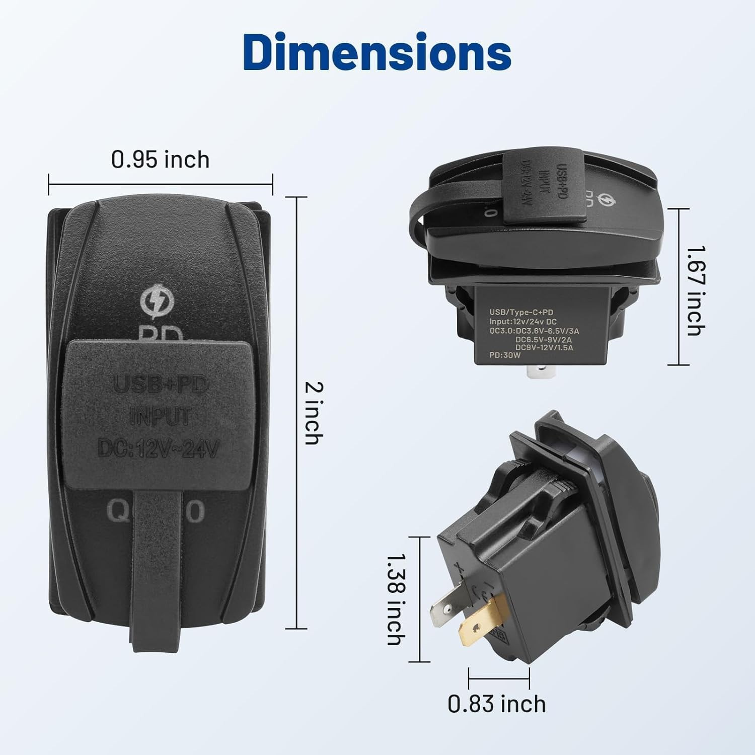 Anina USB Rocker Switch 18W QC3.0 USB 30W PD Outlet Waterproof 12V 24V Dual Port