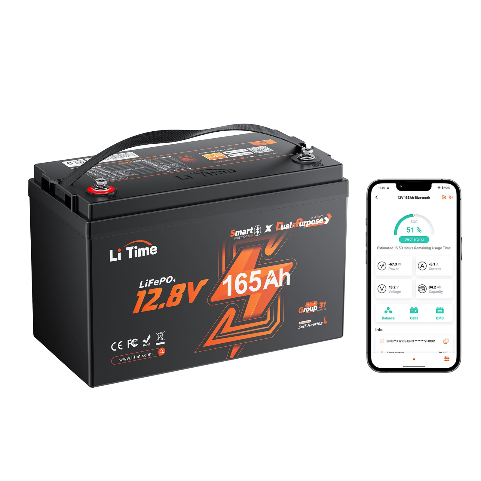 LiTime 12V 165Ah Dual Purpose Marine Lithium Battery 1200 CCA with Bluetooth