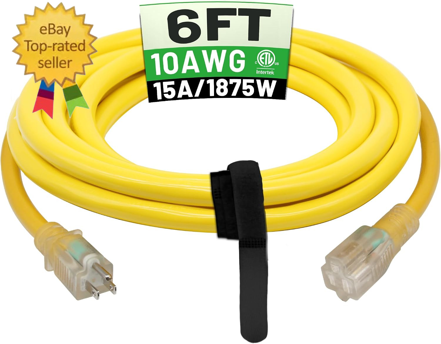 6 Ft 10AWG Outdoor Extension Cord Waterproof Heavy Duty 10 Gauge 3 Prong, Flexib