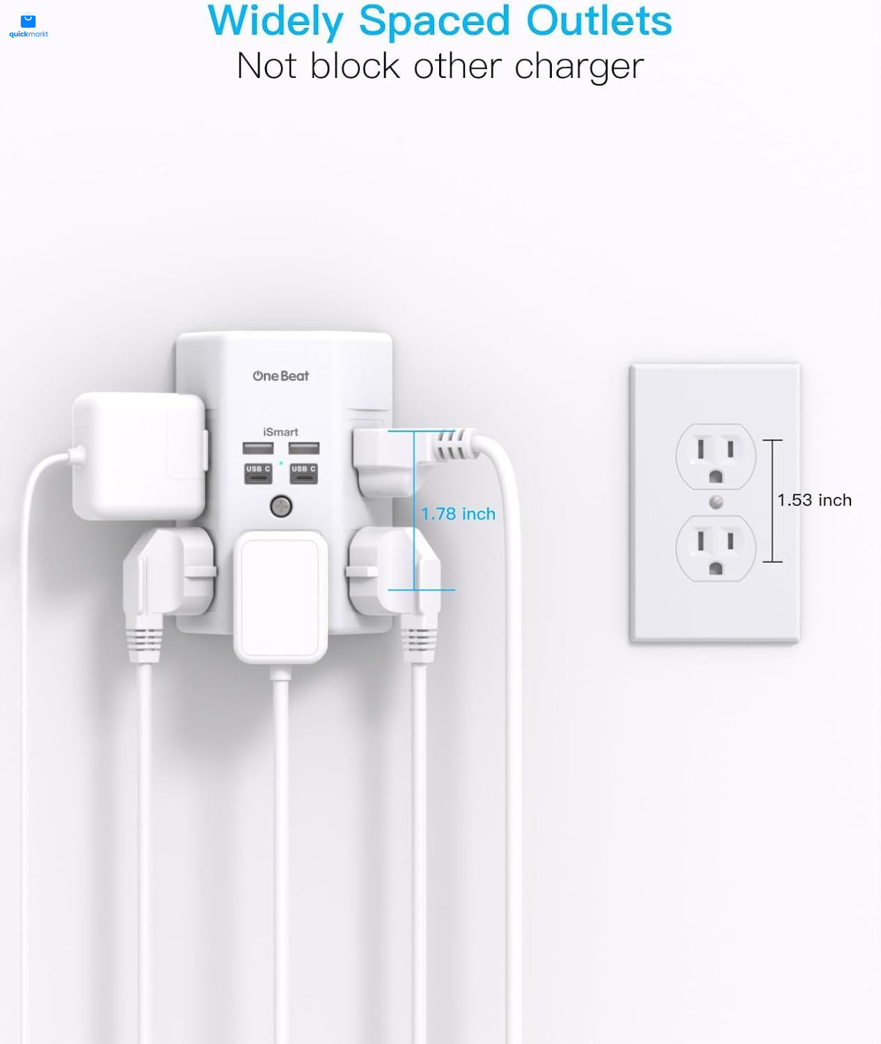One Beat 1680J 3 Side Power Strip Multi Plug 15.5W,1Pack,None, White