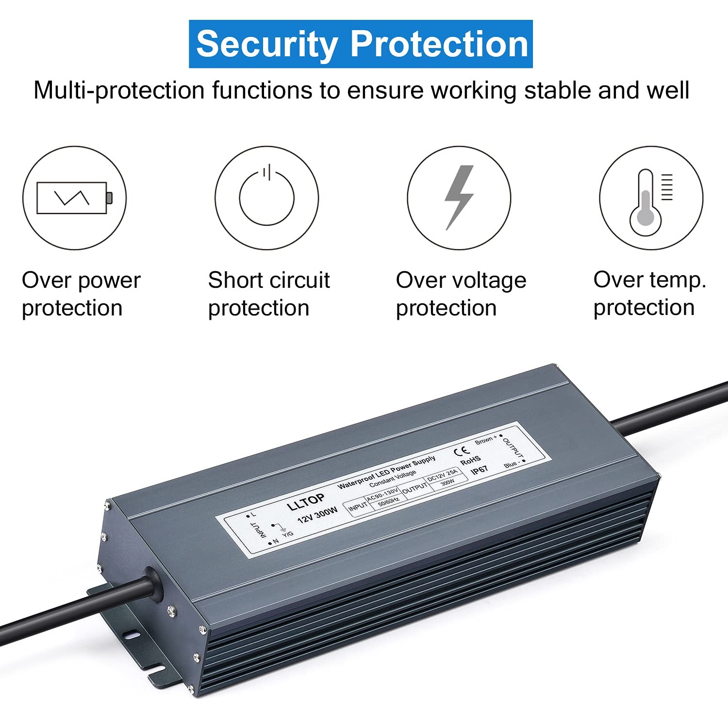 LLTOP LED Driver 300 Watts Waterproof IP67 Power Supply 90-130V AC 12V 300W