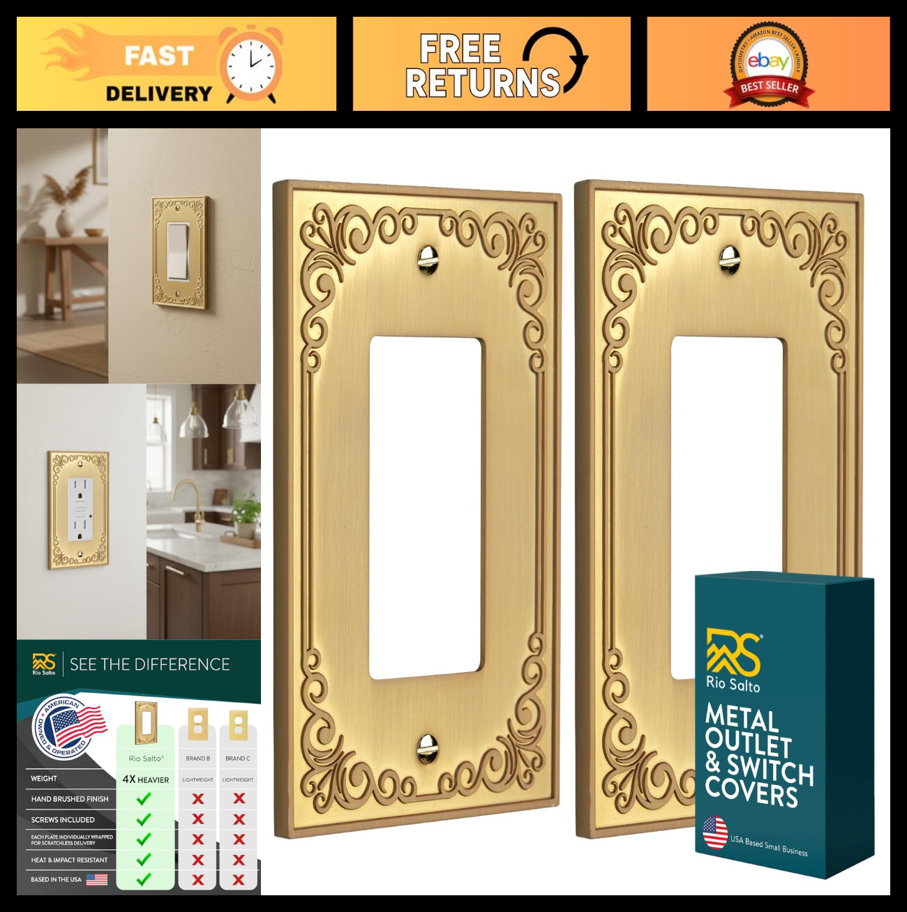 Brushed Brass Gold Rocker Light Switch Cover – 1-Gang Metal Wall Plate 2-Pack