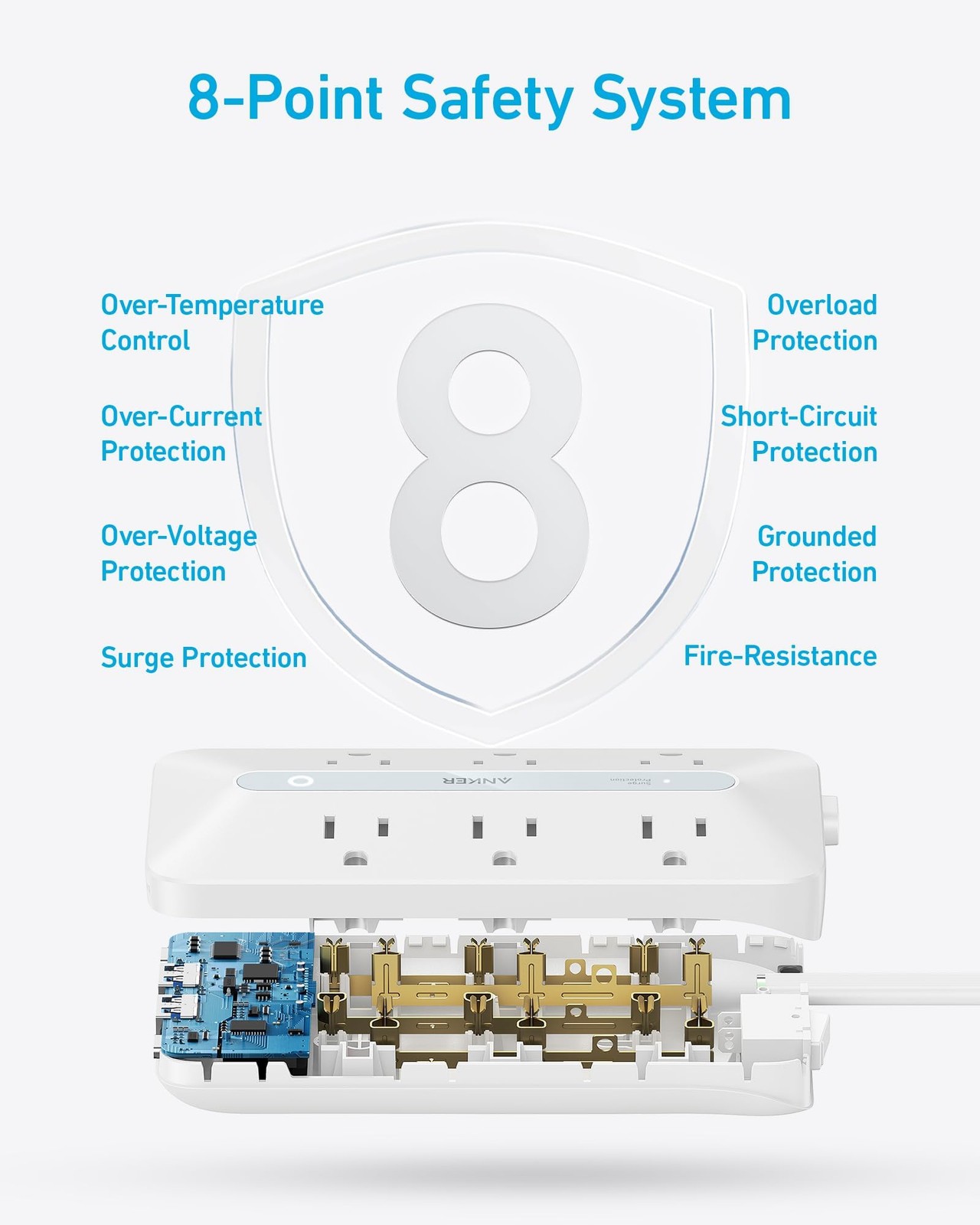 Anker Power Strip with 300J Surge Protector, Flat Plug Extension 10FT, White