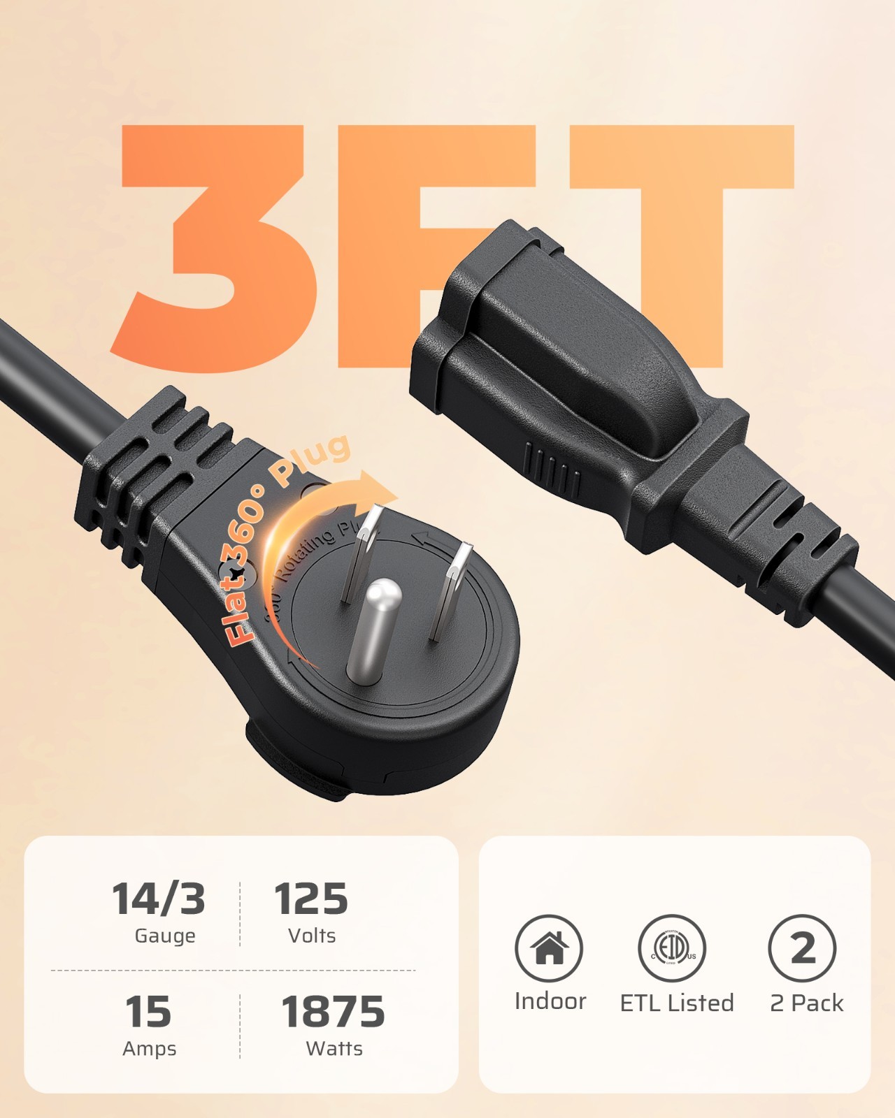 DEWENWILS 3FT 3Prong 360° Rotating Flat Plug Extension Cord,15A/1875W Heavy Duty