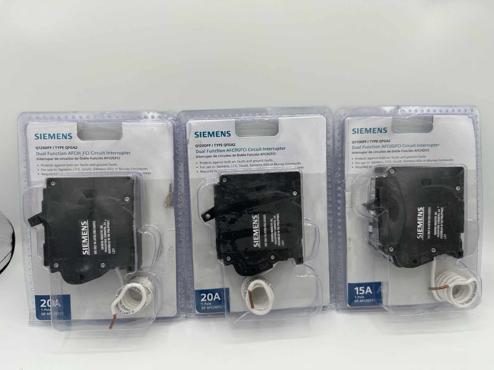 Lot of 3 Siemens Q120DFP 20A & Q115DFP QFGA2 Dual Function Circuit Interrupter