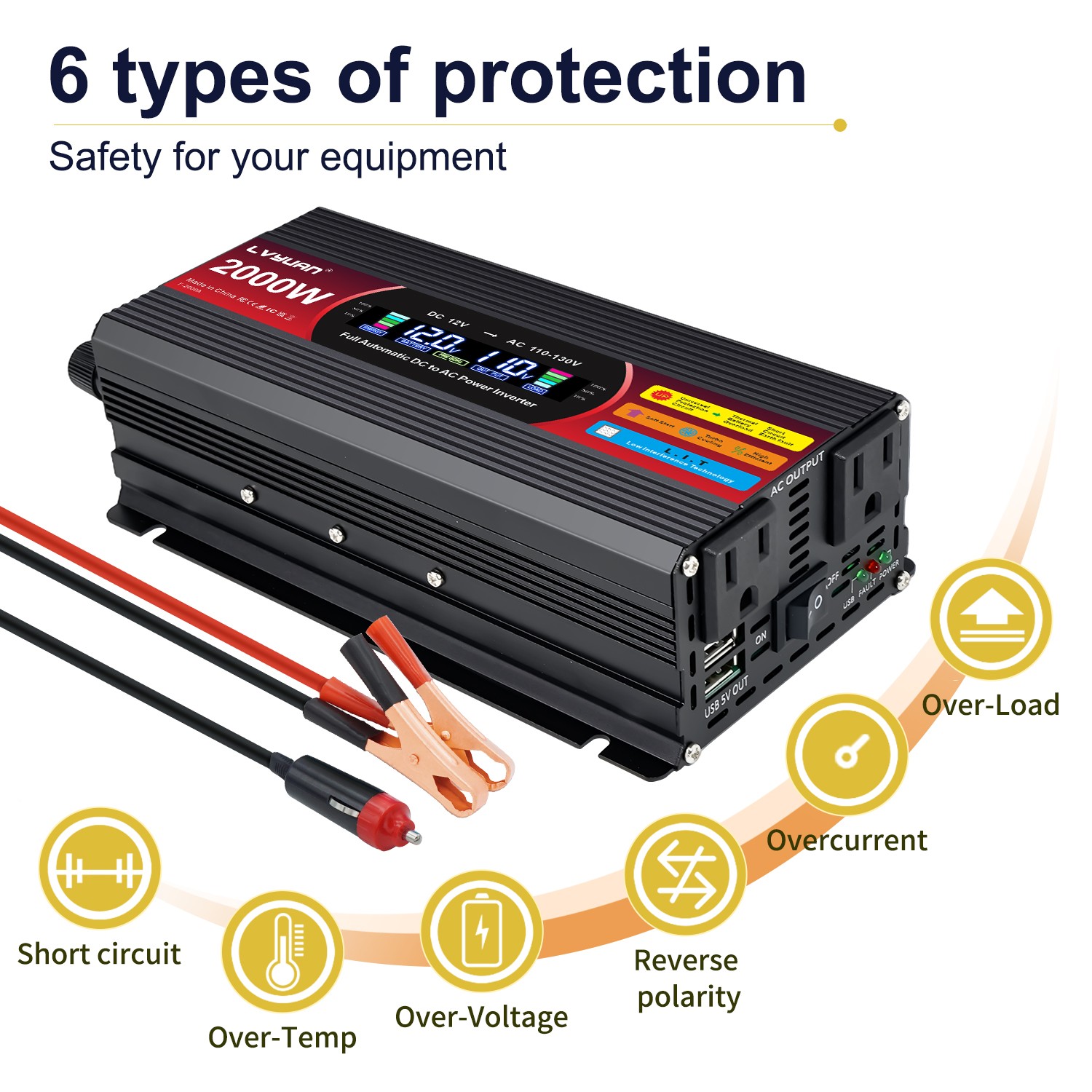 800W 2000W Power Inverter 12V to 110V 120V LCD 2AC 2USB Adapter Converter Home