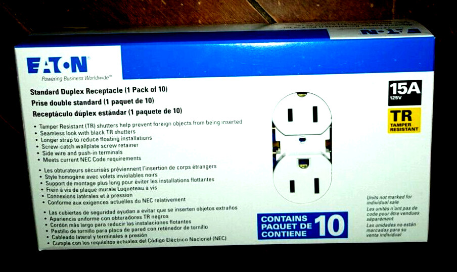 Eaton 10pk Standard 15A Tamper Resistant Duplex Receptacles -White- TR270W-10-LW