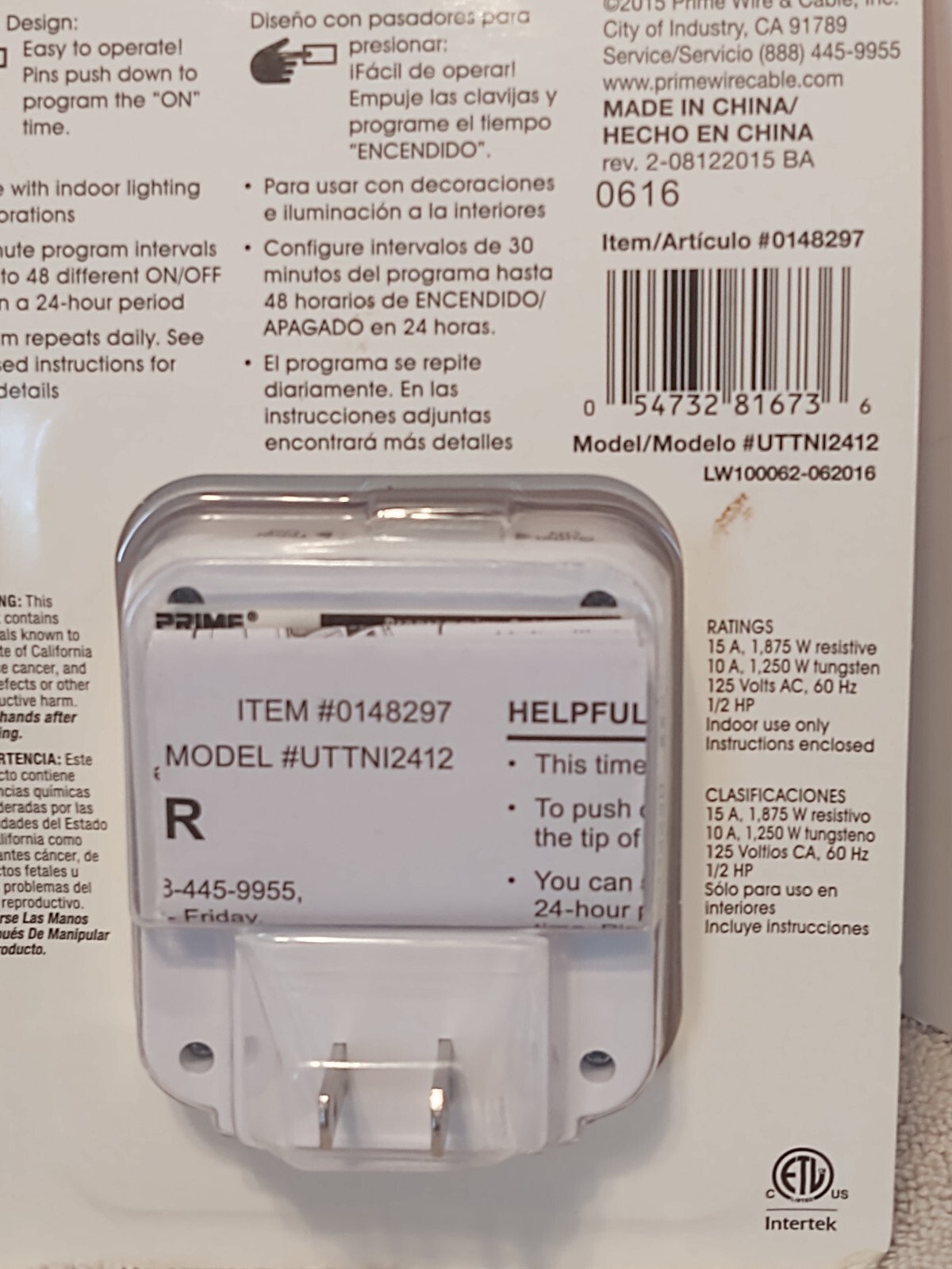 Prime 24-Hour Timer Indoor Energy Saving 1 outlet Easy to Use 125 volts New