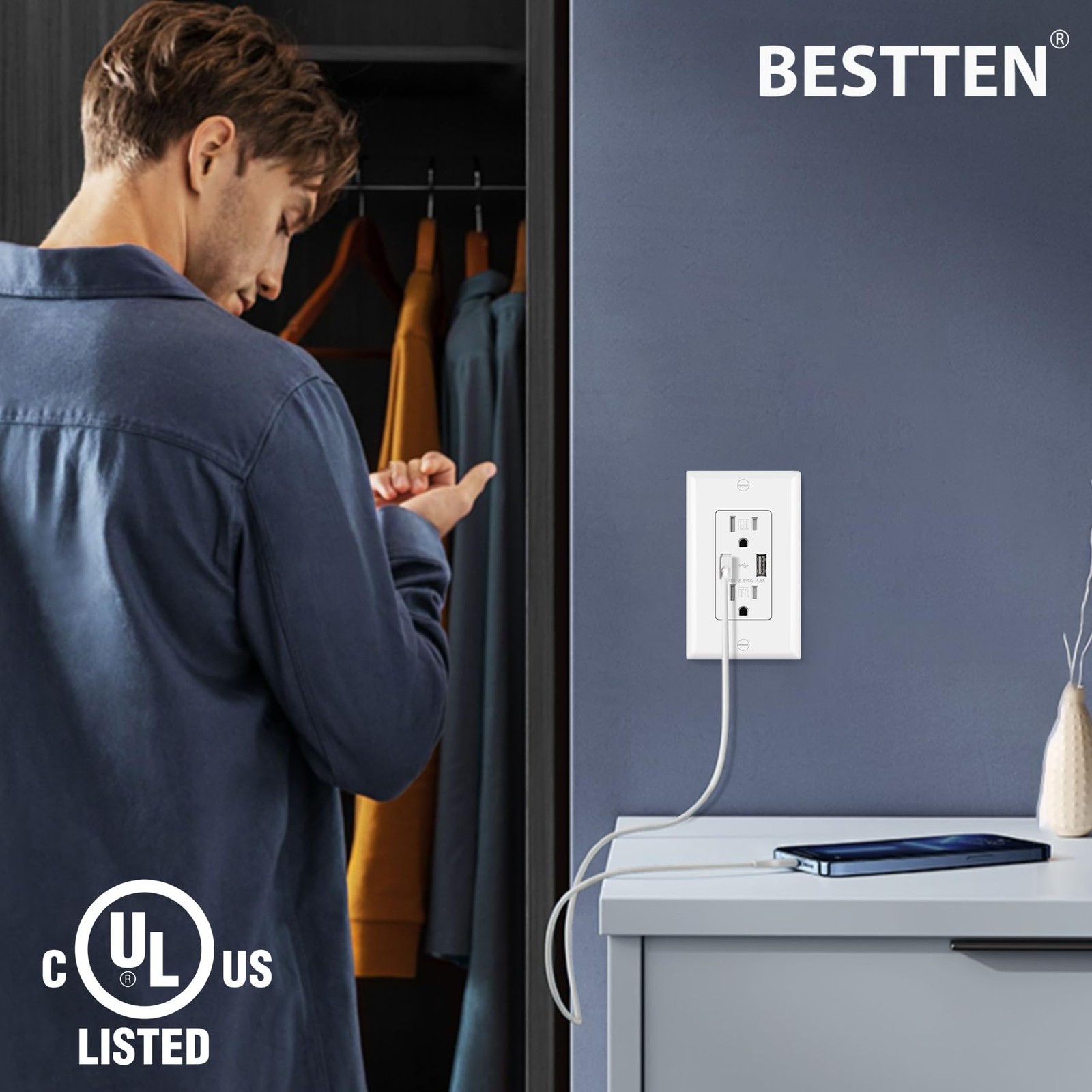 Bestten Usb Receptacle Outlet Electrical Outlet 4.8A Dual High Speed Type A