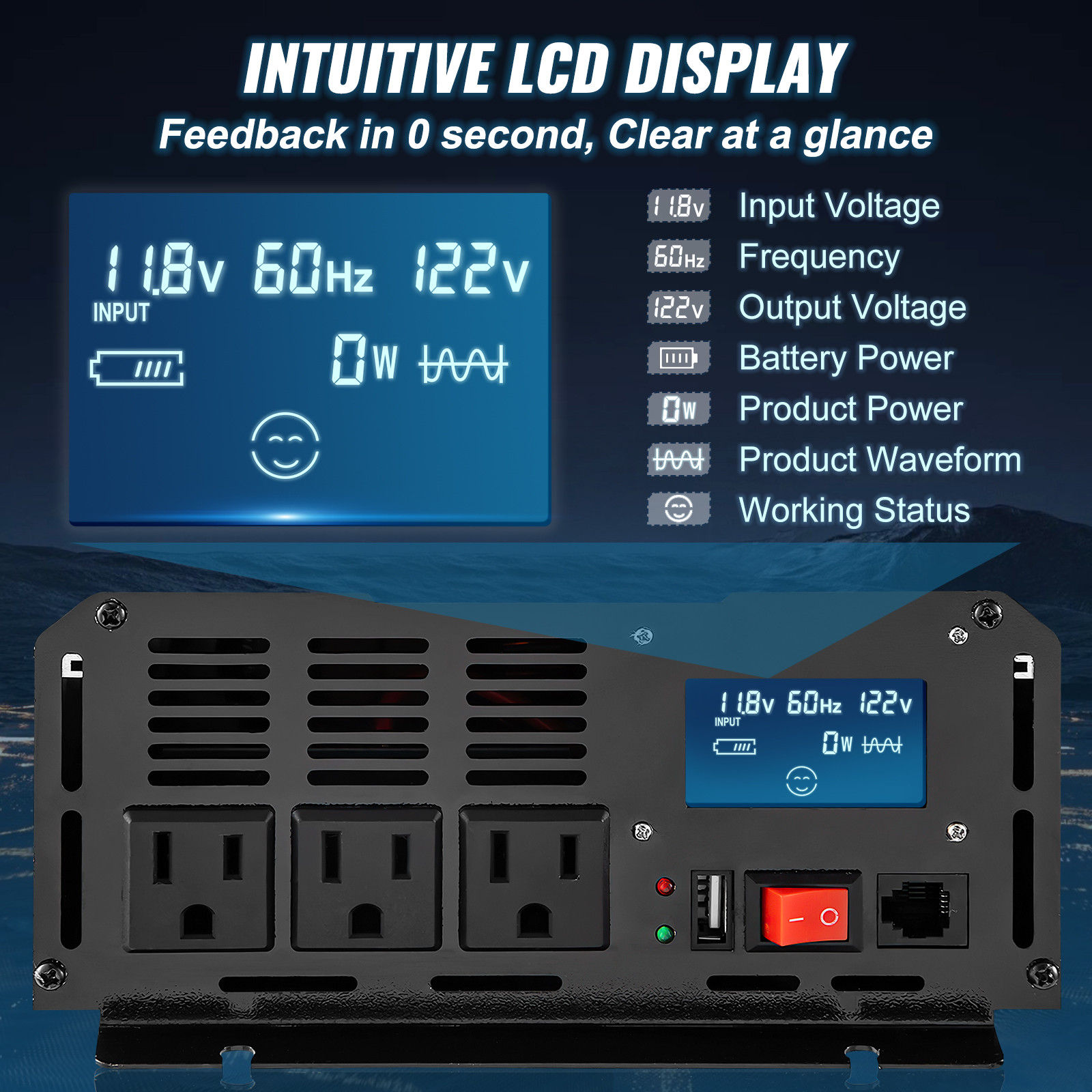 VEVOR Pure Sine Wave Inverter Power Inverter 2500W DC12V to AC120V Inverter LCD