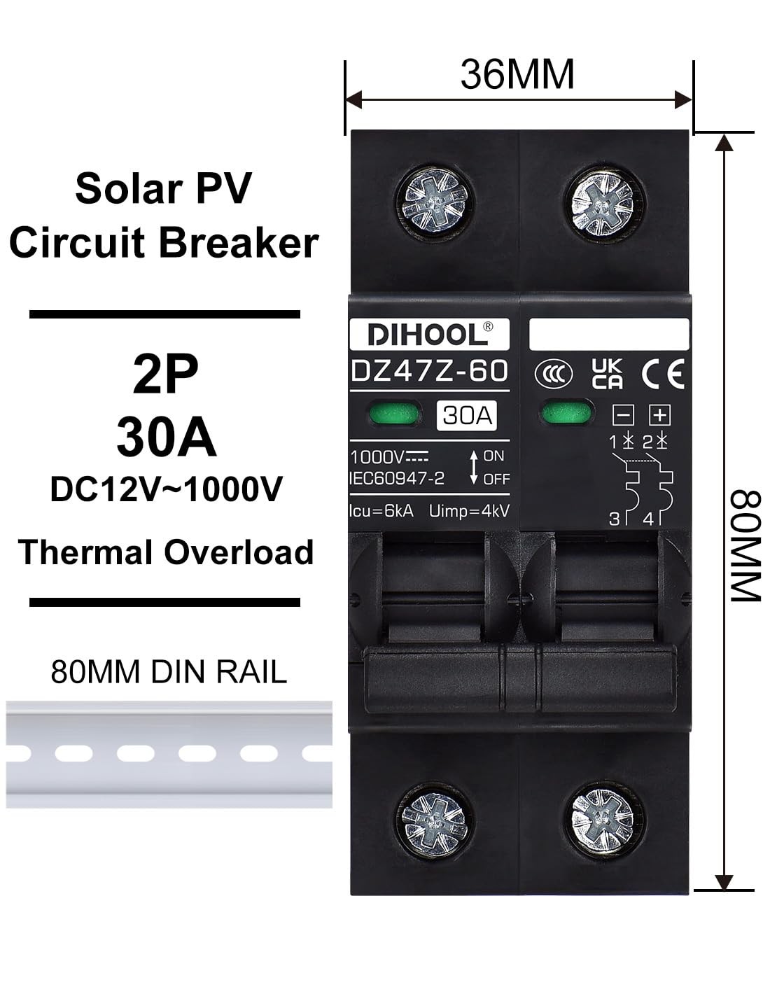 Dihool 30 Amp Circuit Breaker Din Rail Mount Solar Disconnect Switch 2P 1000V