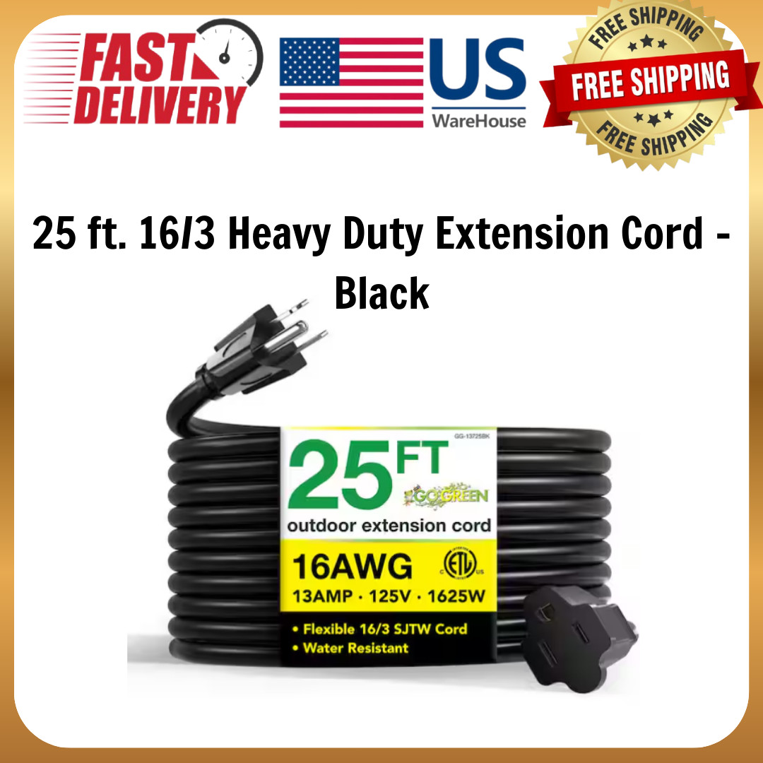 GoGreen Power 25 ft. 16/3 Heavy Duty Extension Cord – Black