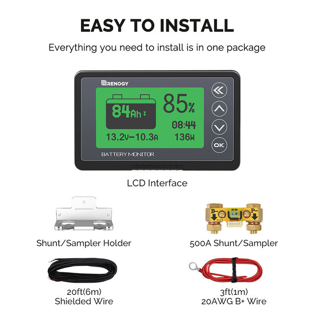 Renogy 500A Battery Monitor w/ Shunt Voltage Programmable Alarm 12V Tester