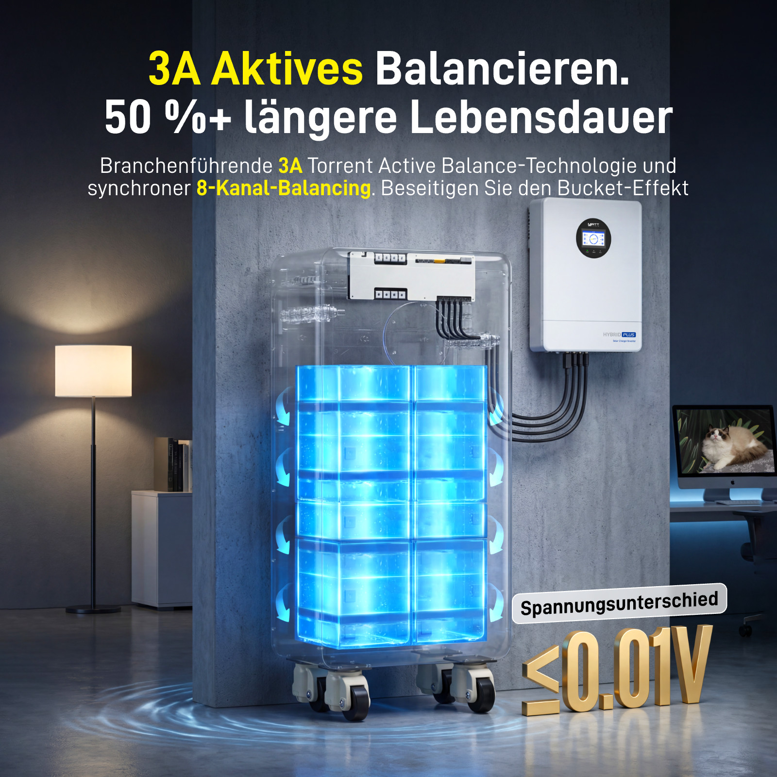 WattCycle 48V 314Ah Battery 16kWh Active Balancing + Dual-Head Parallel Cable