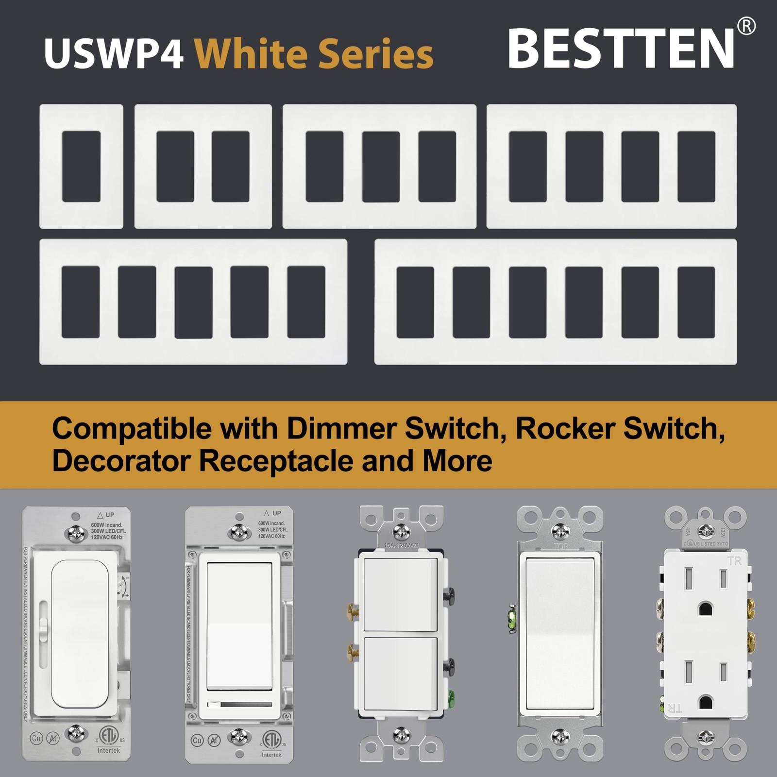BESTTEN 2 Gang Screwless Wall Plate, 10 Pack, USWP4 Off White Series, Decorat…