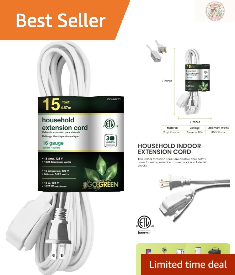 GoGreen Power 15ft 3-Outlet Household Extension Cord with Child Safety Feature