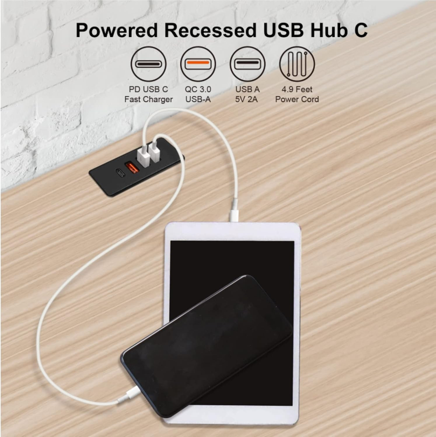 Powered USB C Hub Socket Recessed USB C Power Strip Outlet with Fast Charge 4