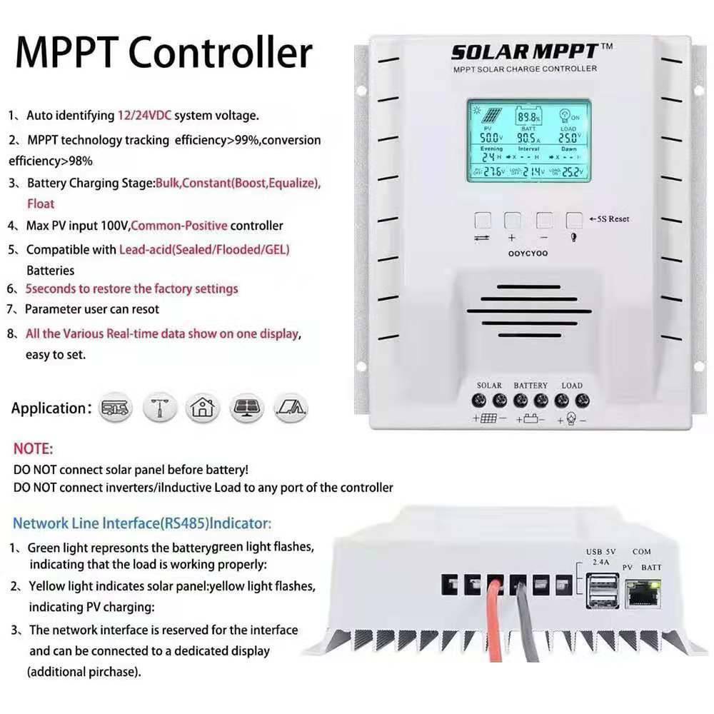 60A 100A MPPT Solar Charge Controller Battery Regulator Charger 12V/24V PV 100V~