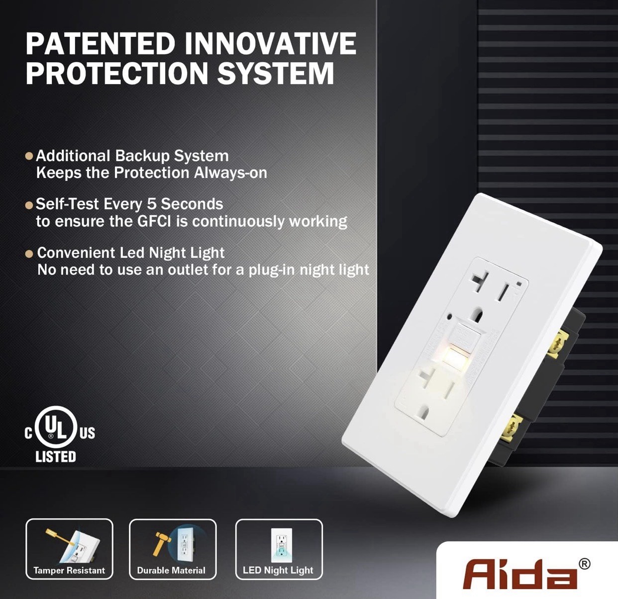 AIDA 20 Amp GFCI Outlet, Self-Test Nightlight Electrical Outlet, Tamper