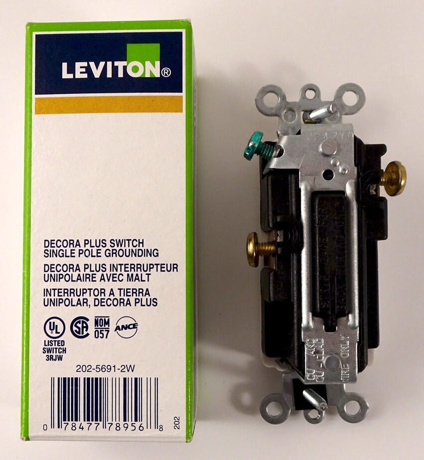 Leviton 5691-2W Decora Switch, 15A, 120/277V, 1-Pole, White, Back/Side Wired New