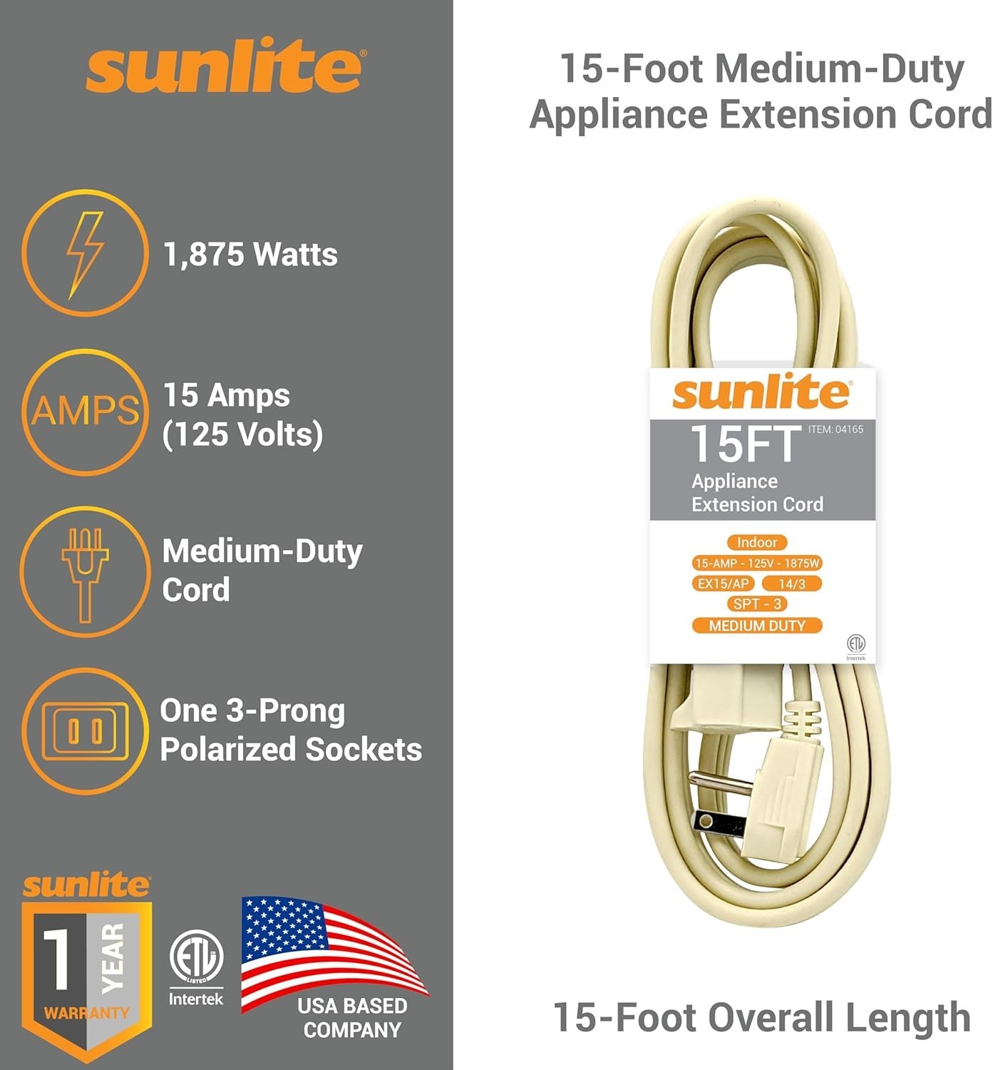 Sunlite Medium Duty Appliance 15-Foot Extension Cord Three Prong Beige