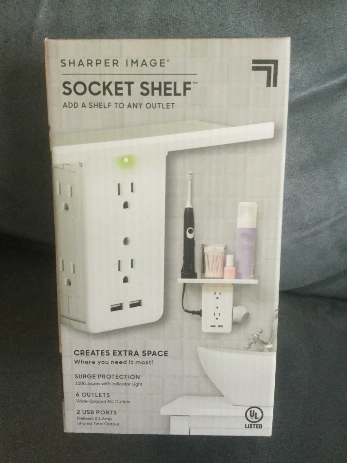 SHARPER IMAGE SOCKET SHELF 6 OUTLETS WITH 2 USB PORTS – BRAND NEW IN BOX