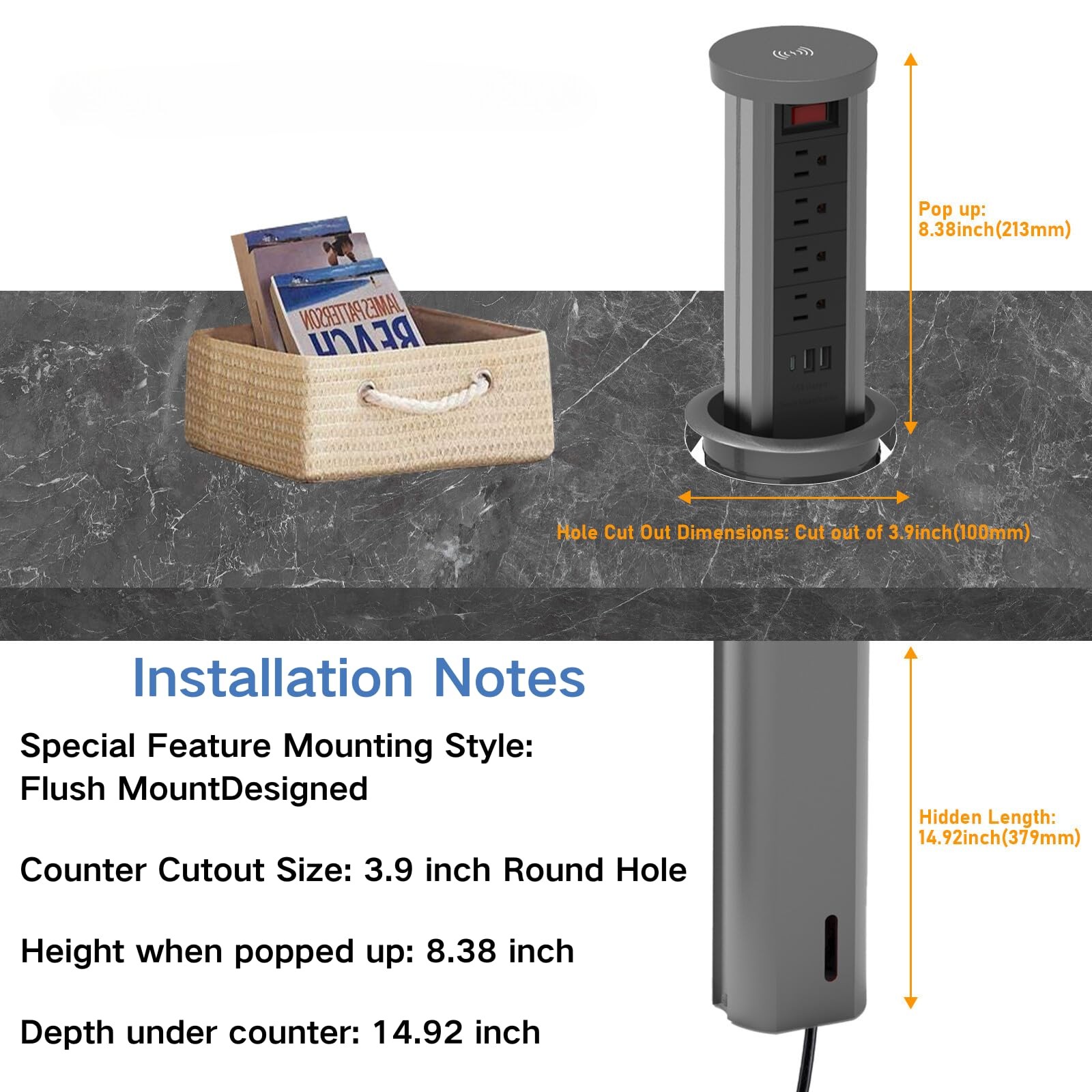 SOCKORATECH Pop up Outlet for countertop 4.72in Desk Grommet Power Station PD20W